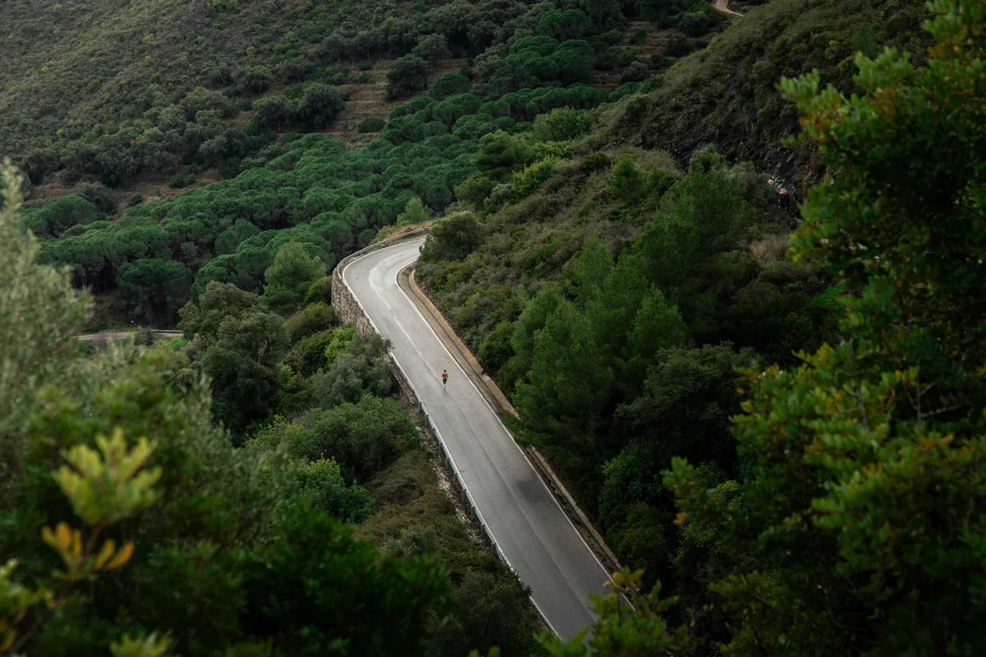 Murray Clark running along a winding road through green hills